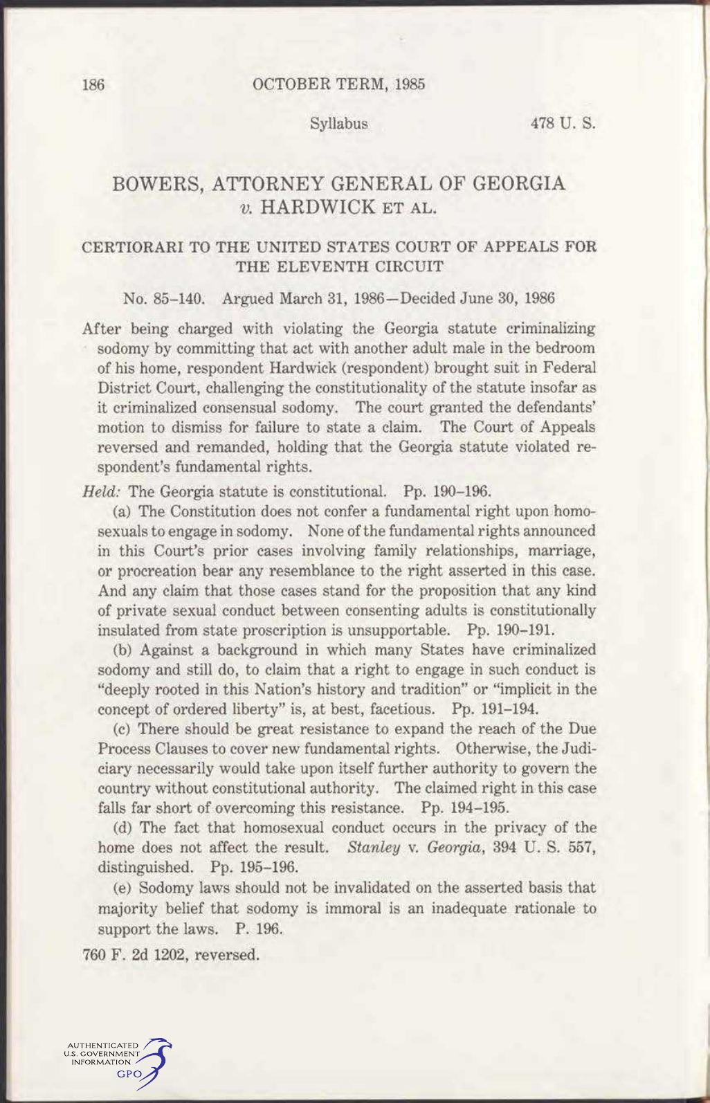 First page of Bowers v. Hardwick