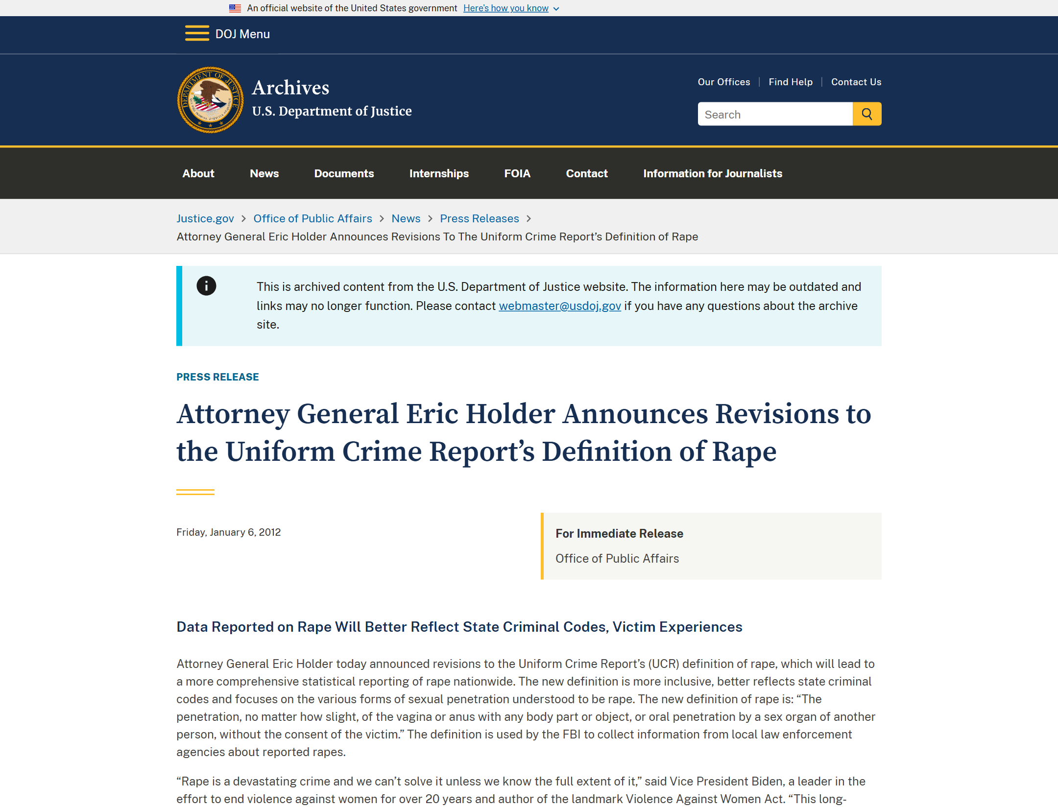 Justice Department announcement of the revised federal rape definition