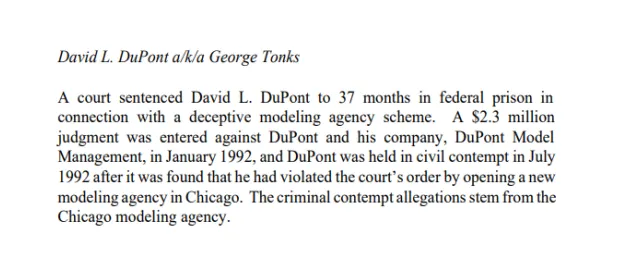 Federal Trade Commission Annual Report excerpt headed David L. DuPont a/k/a George Tonks.
