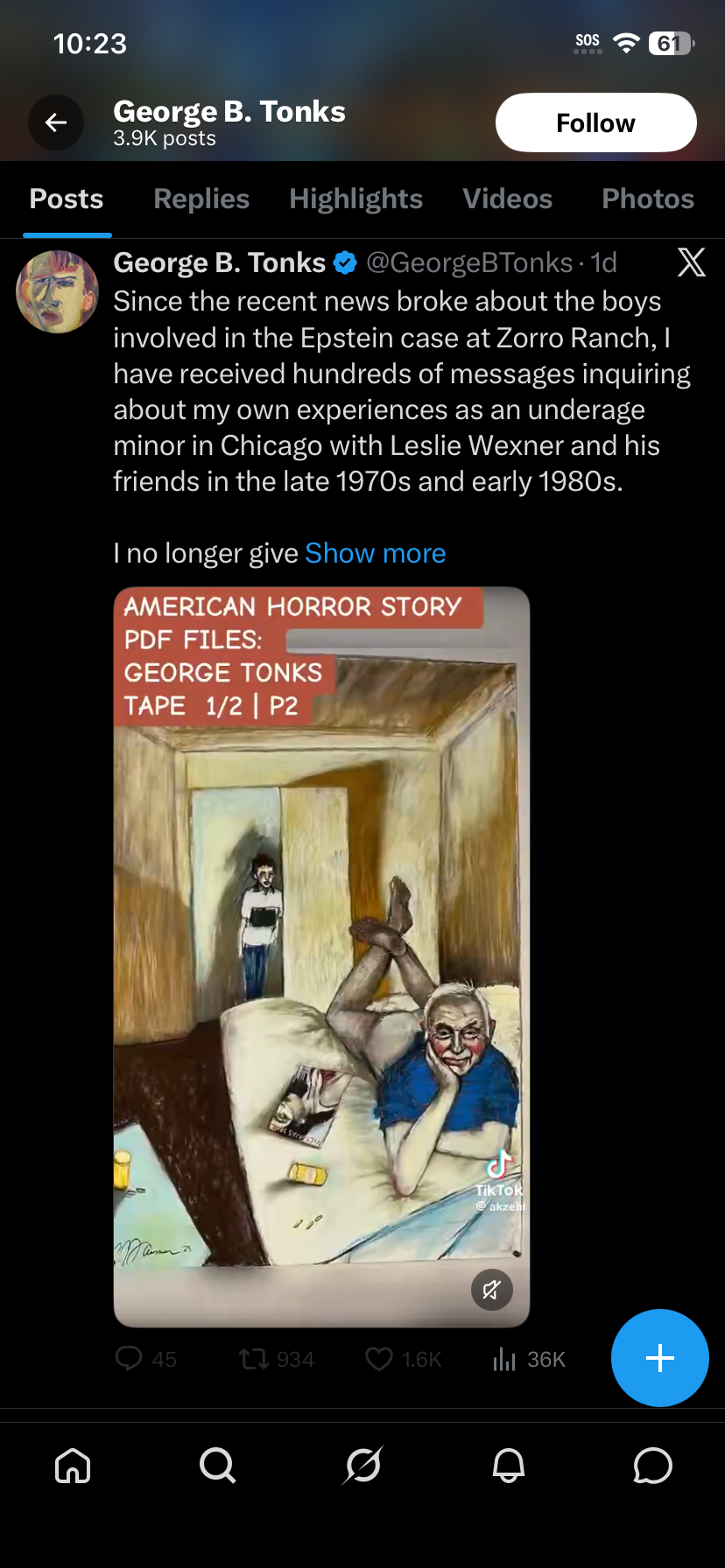 Screenshot of a public post by George B. Tonks describing his own account of being an underage minor in Chicago.