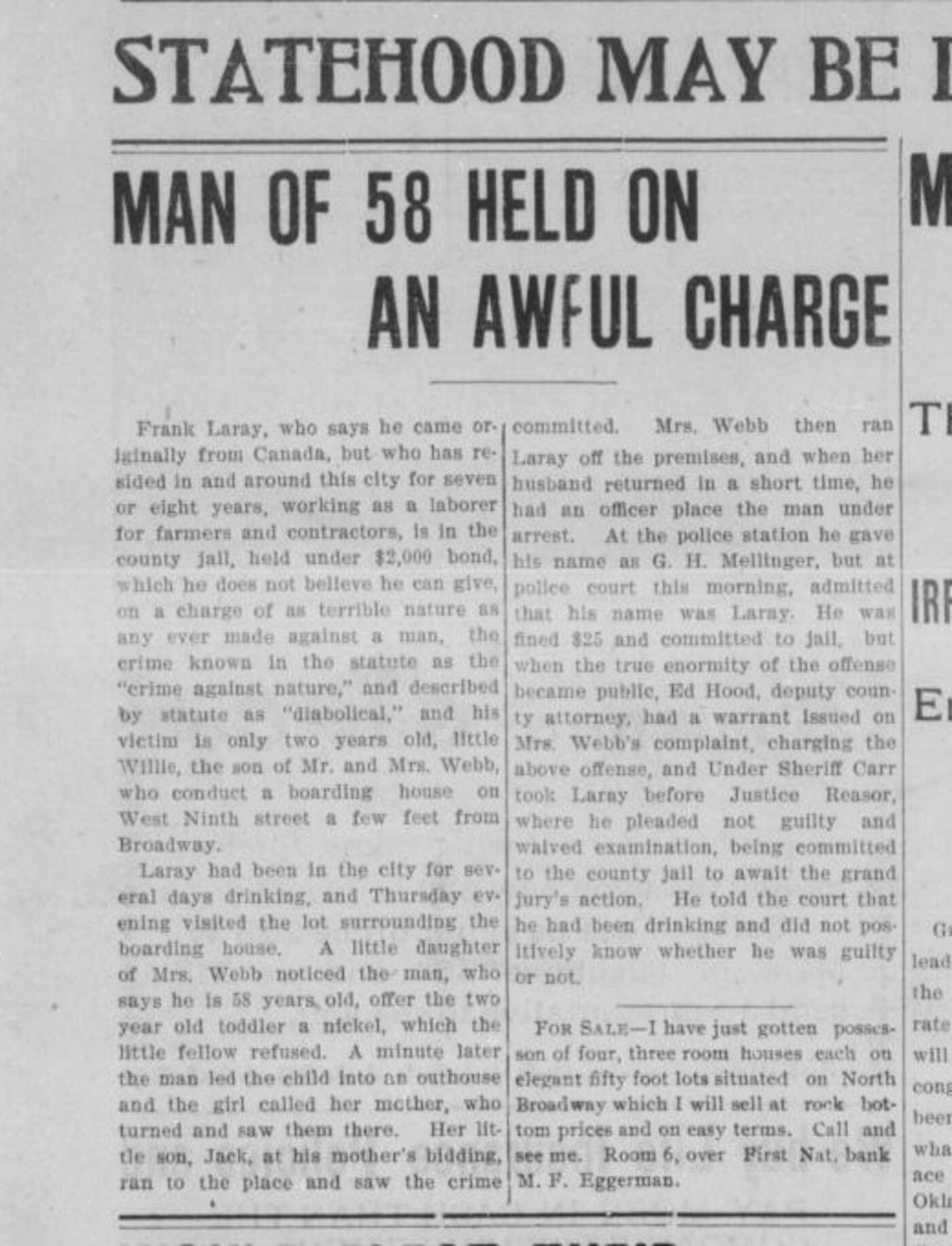 1905 Shawnee News front-page report