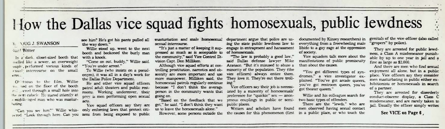 Cropped Dallas Times Herald page showing the headline How the Dallas vice squad fights homosexuals, public lewdness.