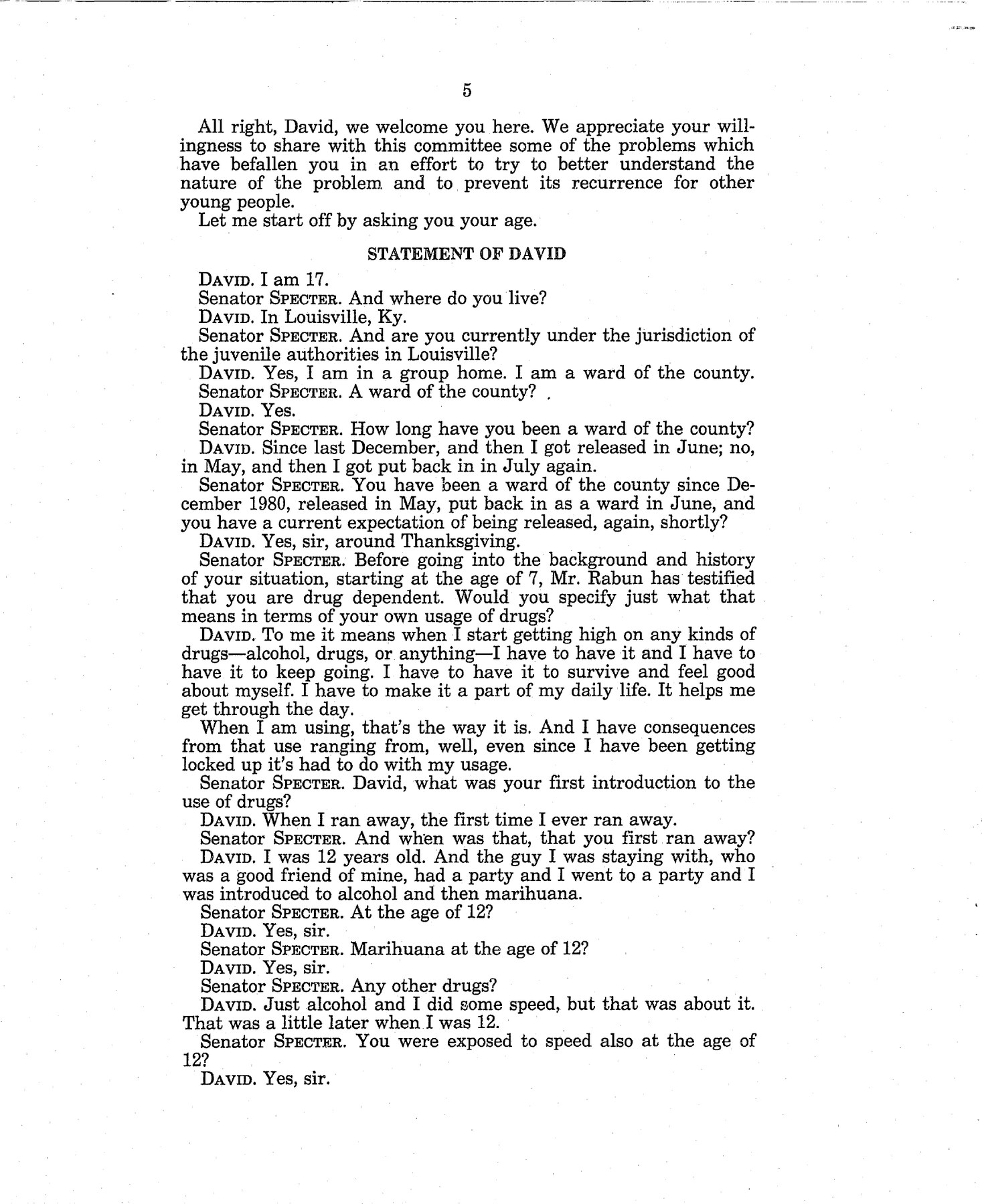Page five of the Senate hearing transcript beginning the statement of David, age seventeen.