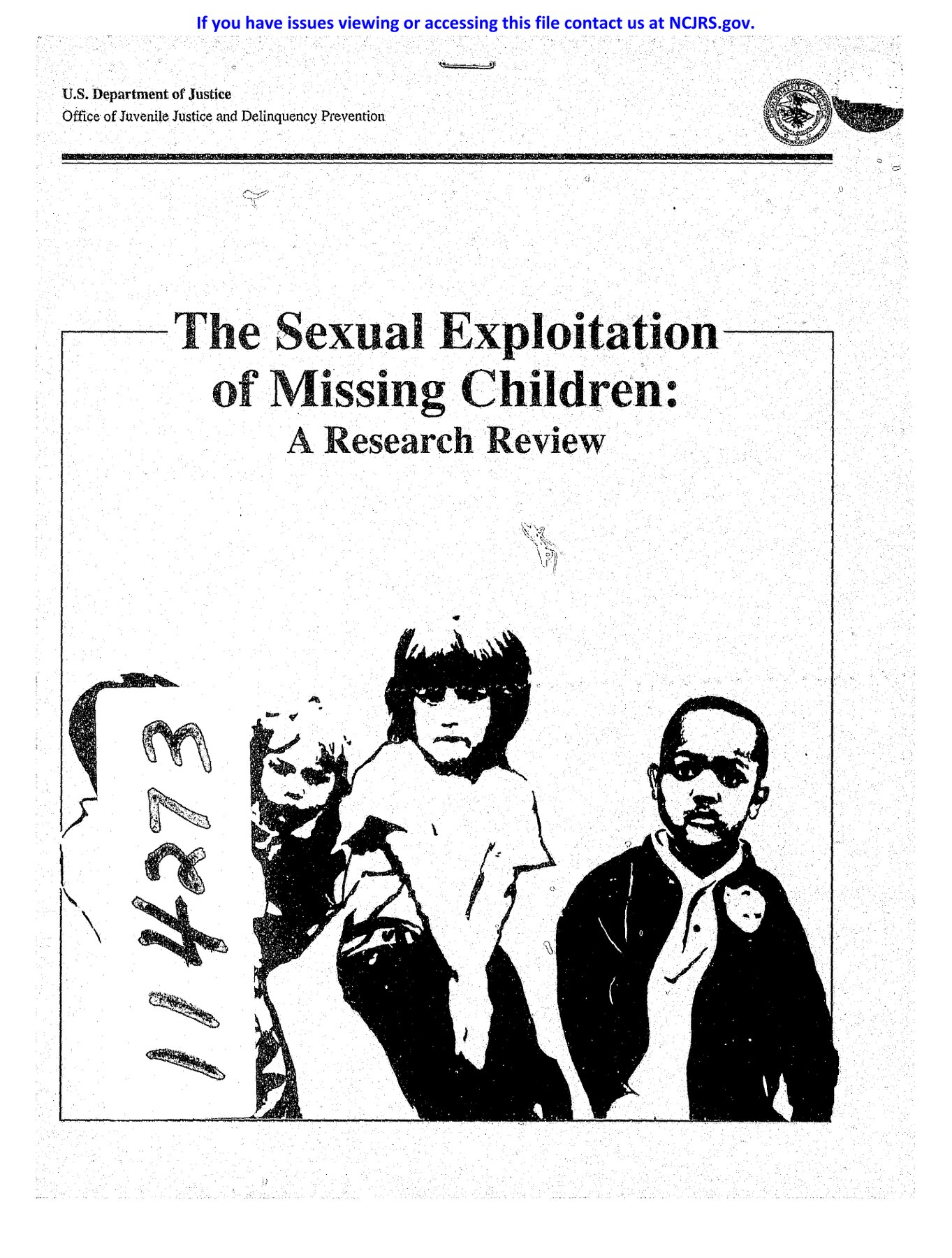 Cover of the 1988 federal report The Sexual Exploitation of Missing Children A Research Review.