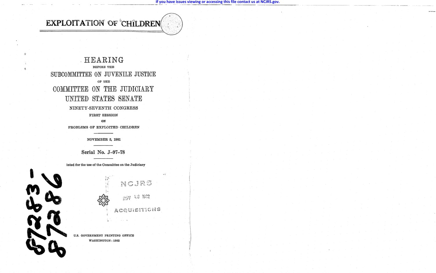 Cover of the United States Senate hearing titled Exploitation of Children.