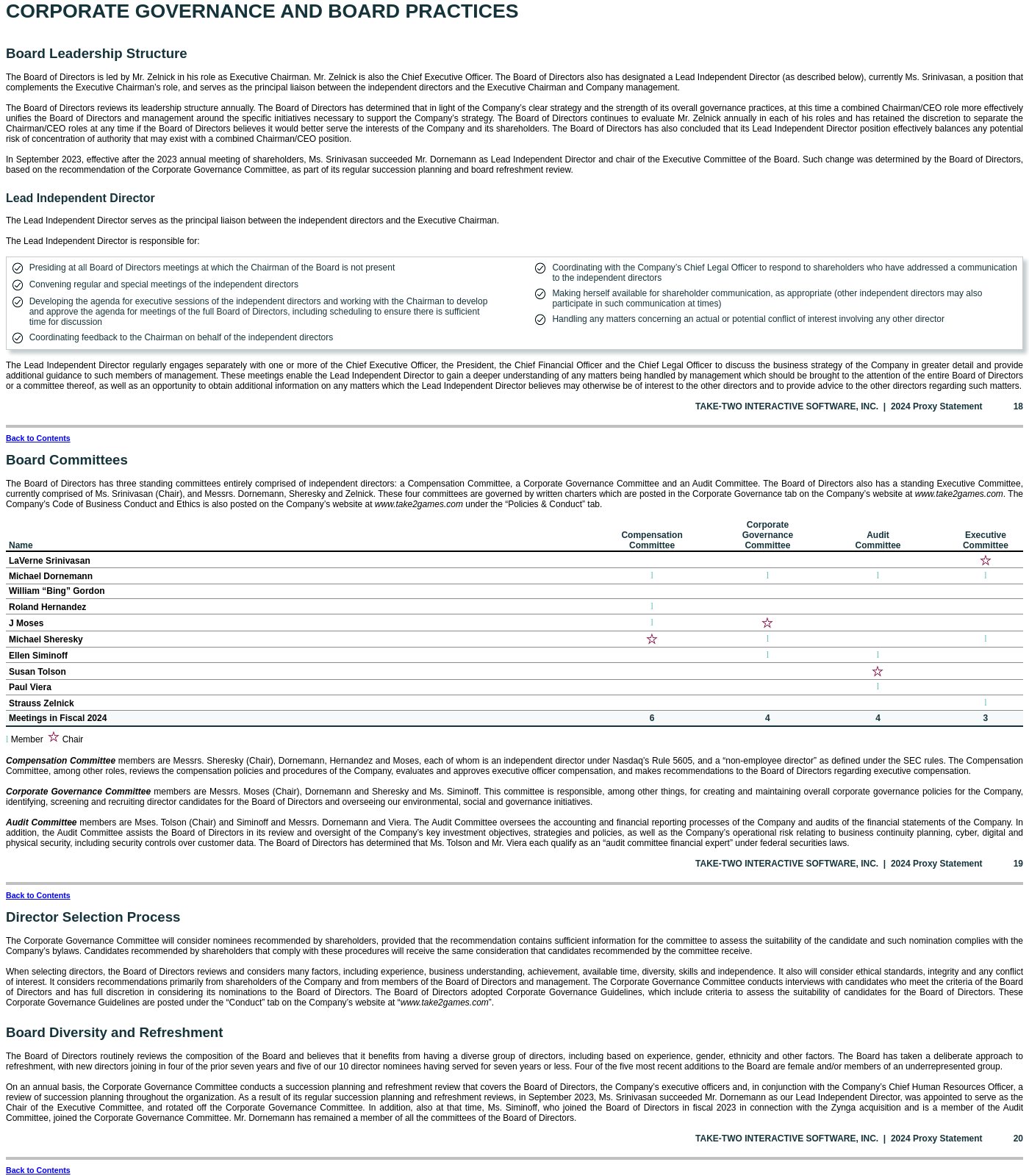 Take-Two 2024 proxy statement corporate-governance section